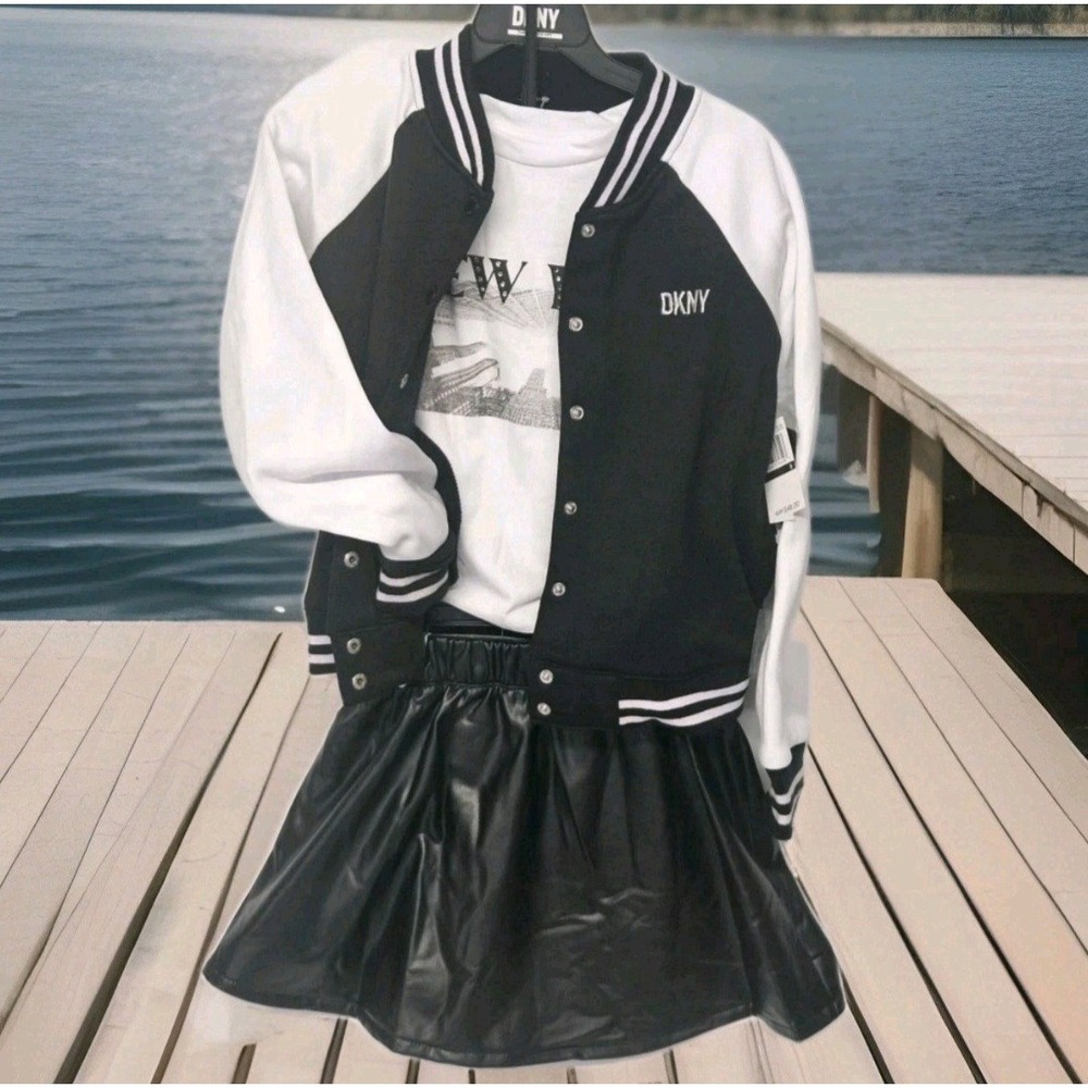 DKNY Size 10 3Pc,‎ Black And White Varsity Jacket/ New York T-Shirt/ Black Skirt